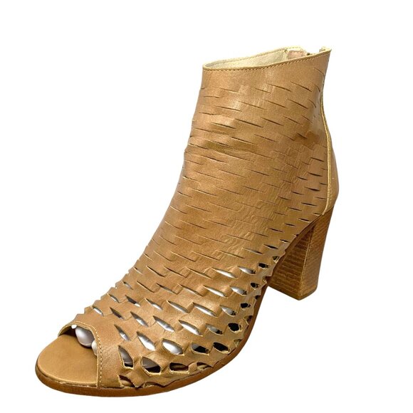 Piampiani Tan Laser Cut Leather Open Toe Booties - Picture 2 of 12